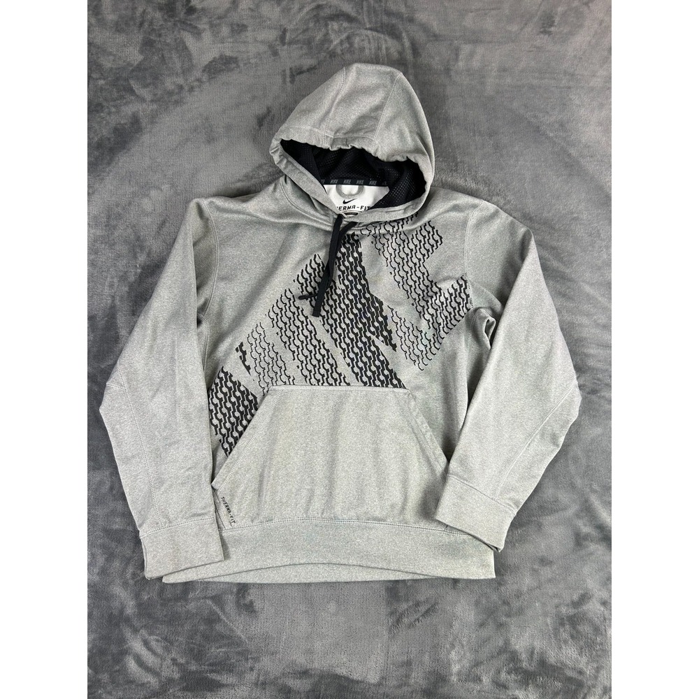 Nike Therma-Fit Pullover Hoodie Gray Black Swoosh Graphic Men's Medium